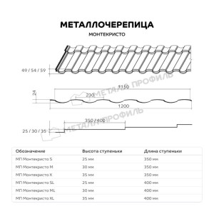Металлочерепица Металл Профиль Монтекристо ML NormanMP ПЭ 01 RAL 3011 коричнево-красный 0.5 мм