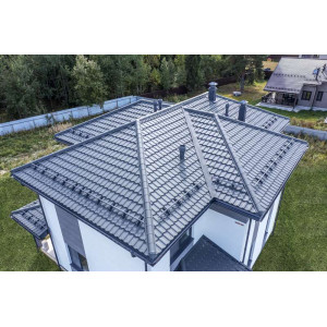 Металлочерепица Grand Line Квинта плюс 3Д (Kvinta plus 3D) 0,5 Satin RAL 7024 мокрый асфальт
