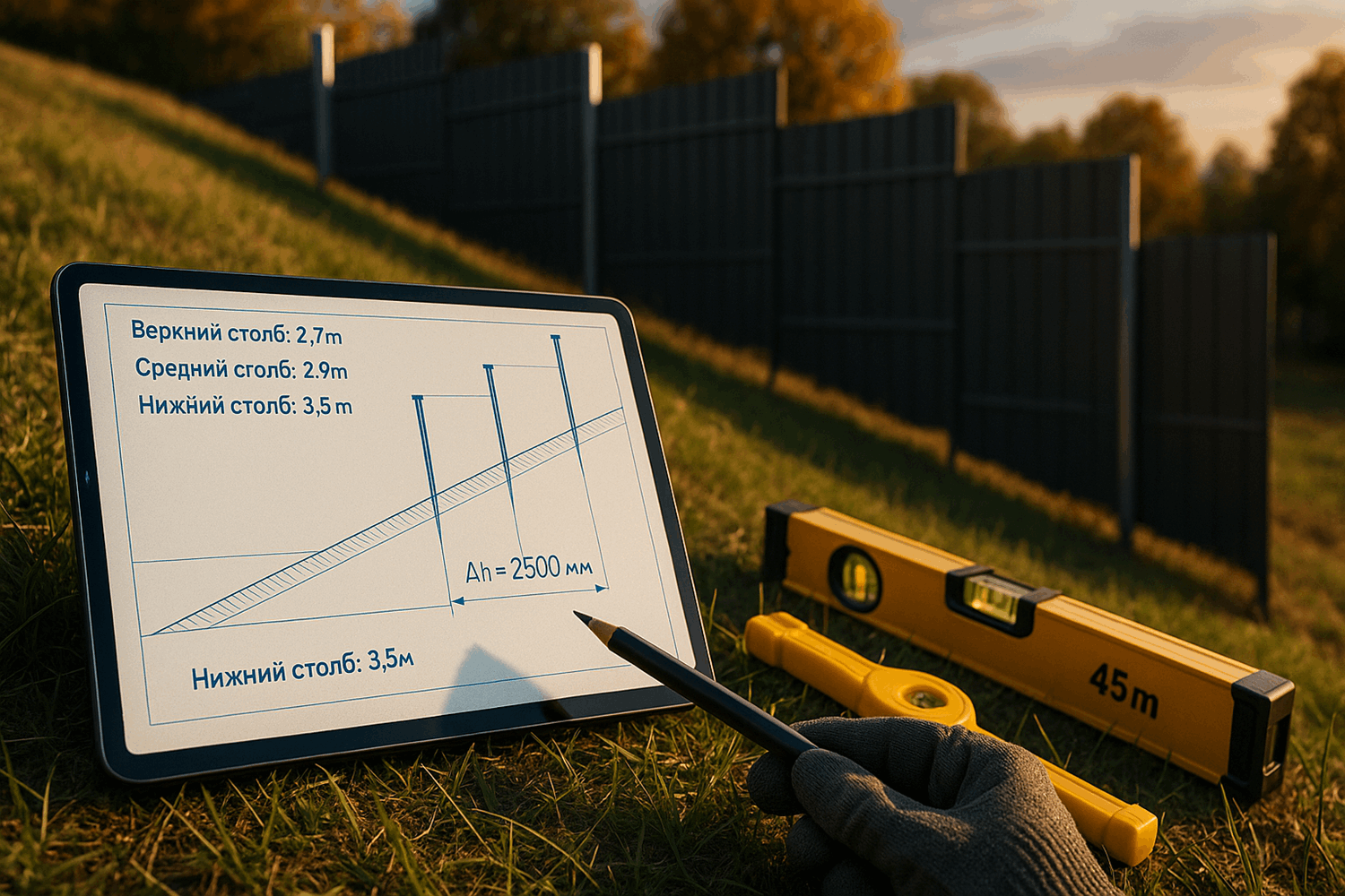  Чертёж забора на участке с уклоном