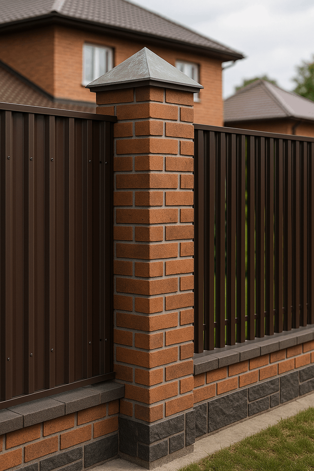  15. Комбинированные заборы — кирпич + металл/дерево