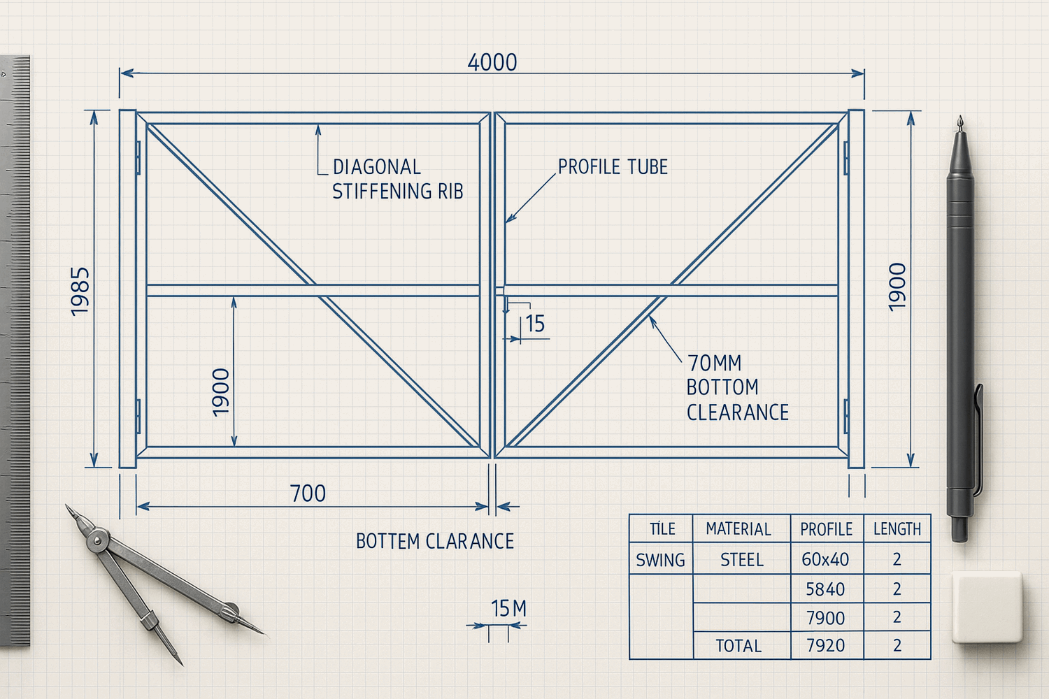  Чертеж распашных ворот шириной 4 метра (стандартный вариант)