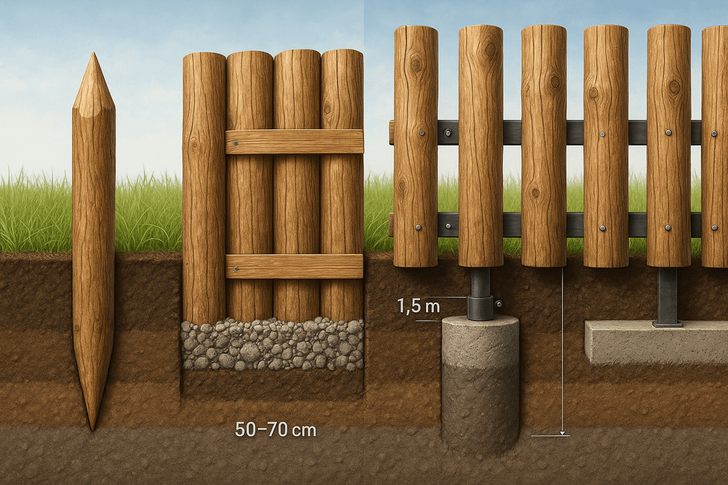 Четыре способа установки забора из бревен