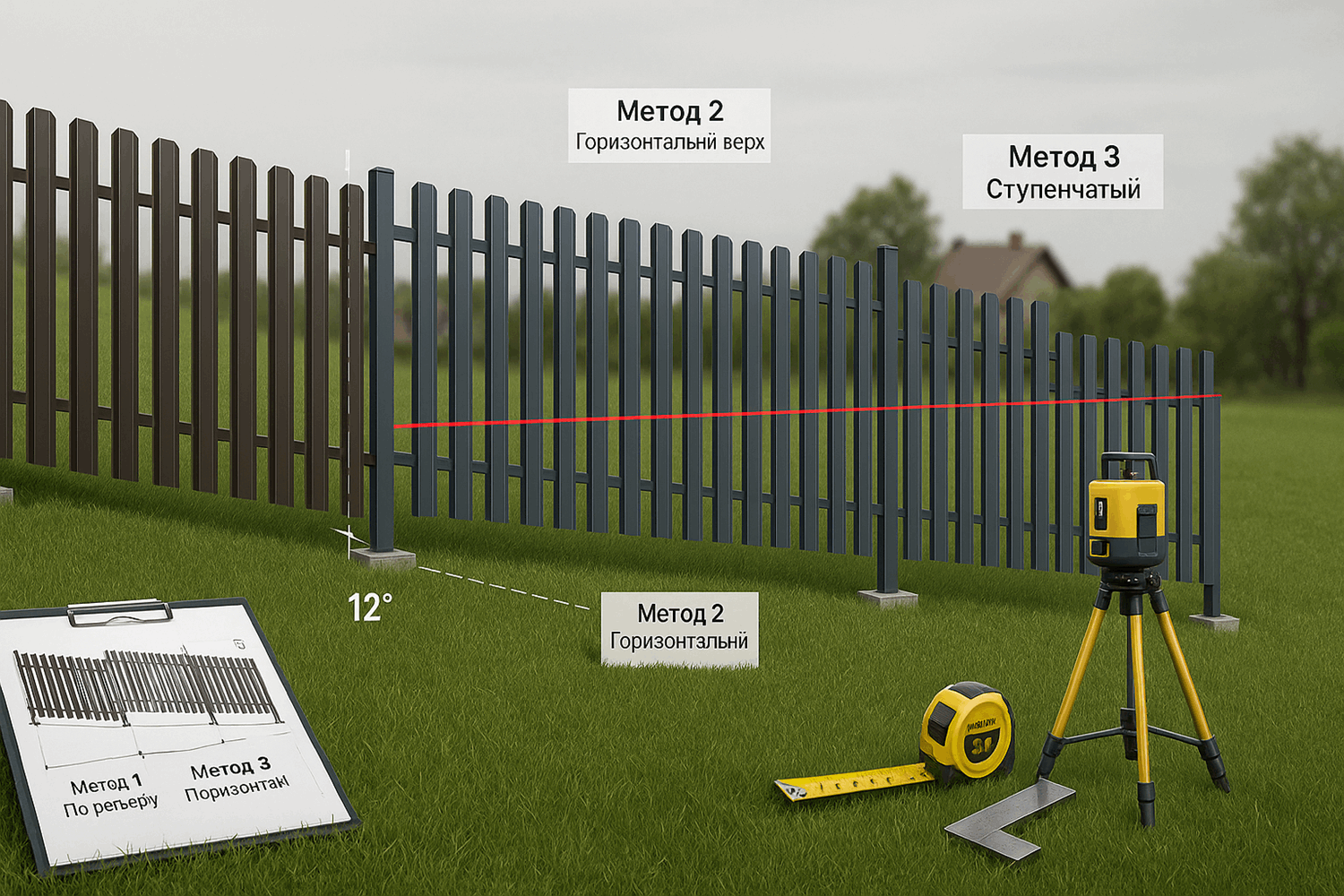 Три способа установки штакетника под уклоном: какой выбрать