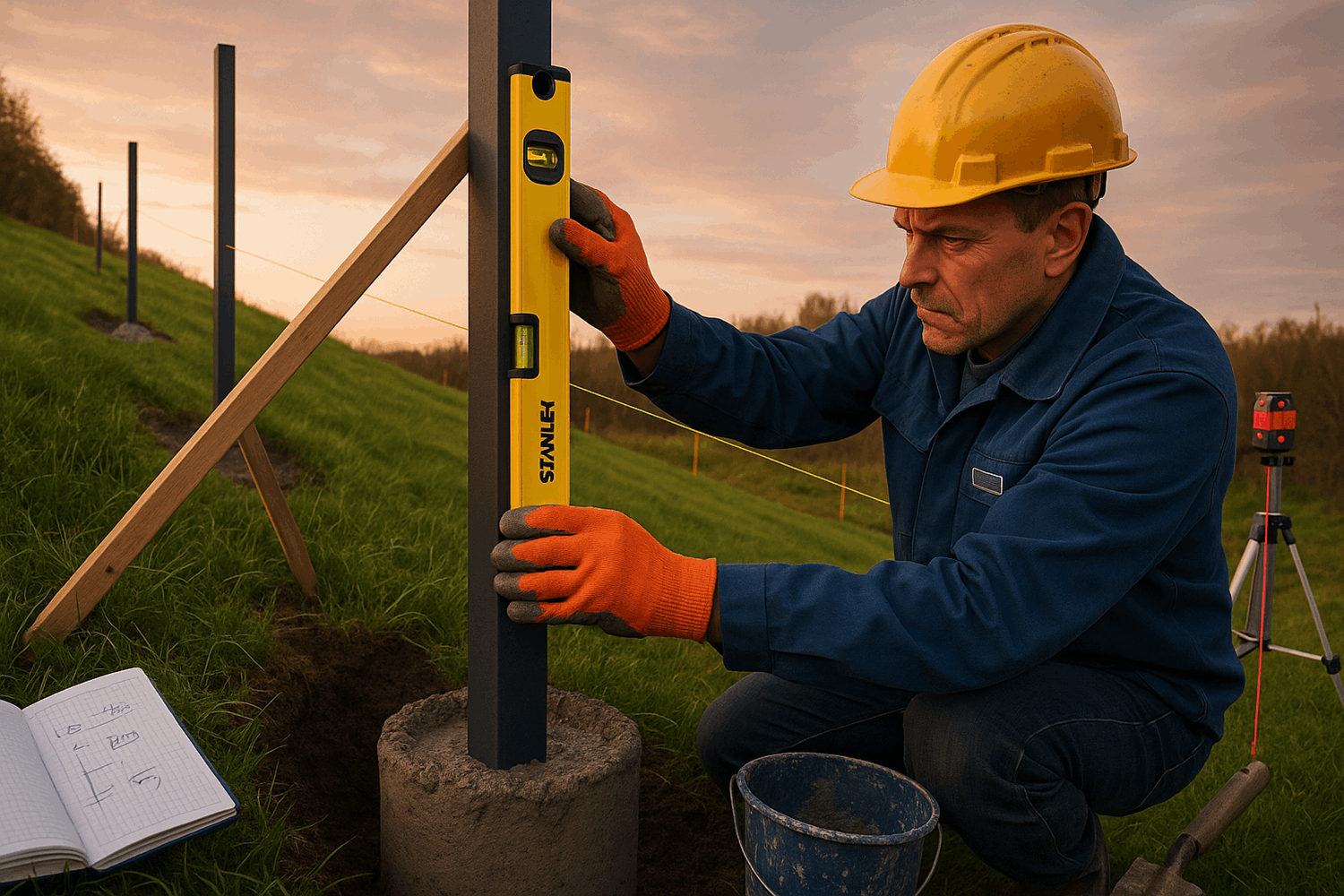 Установка каркаса: столбы и лаги на уклоне