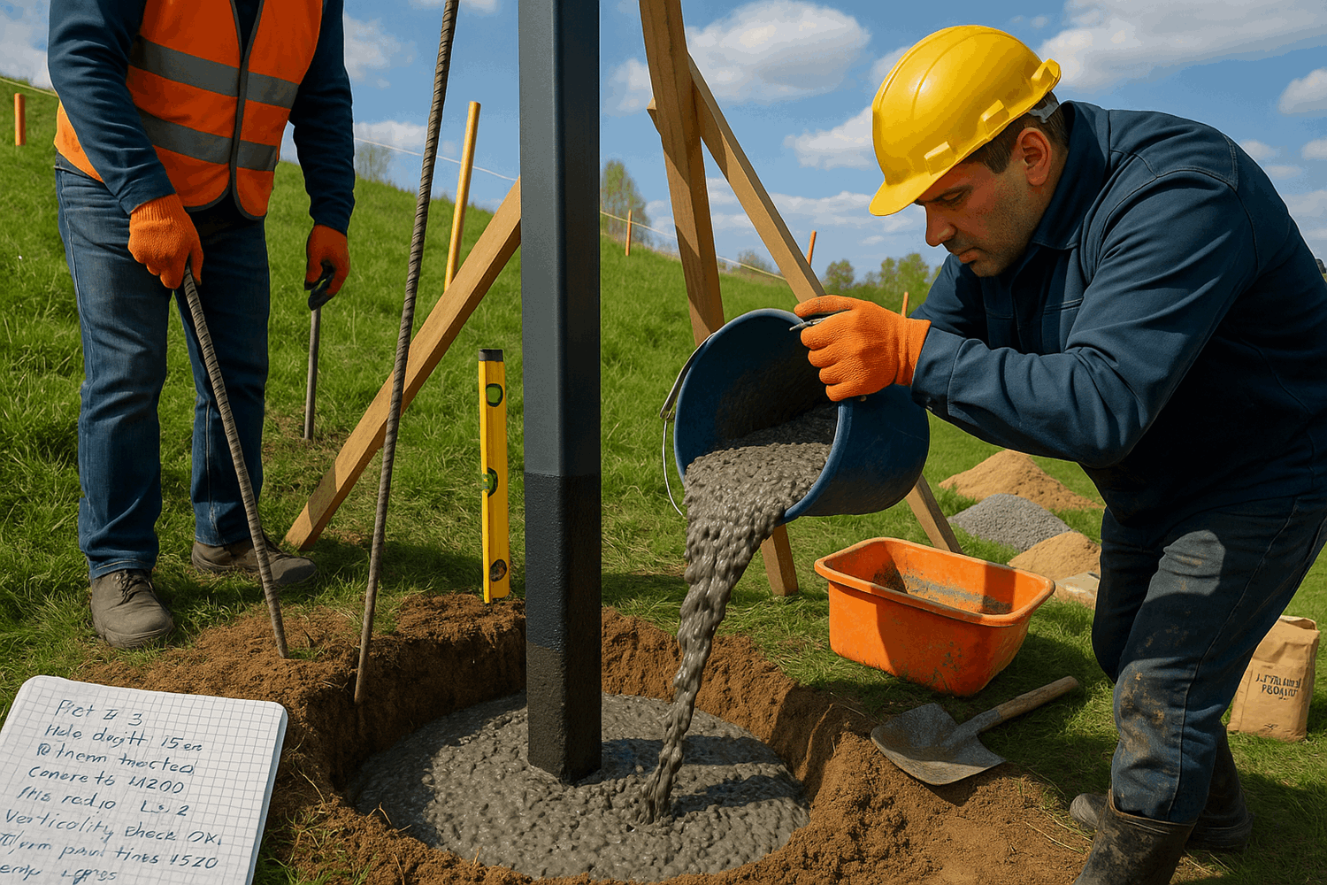  Установка столбов на участке с уклоном