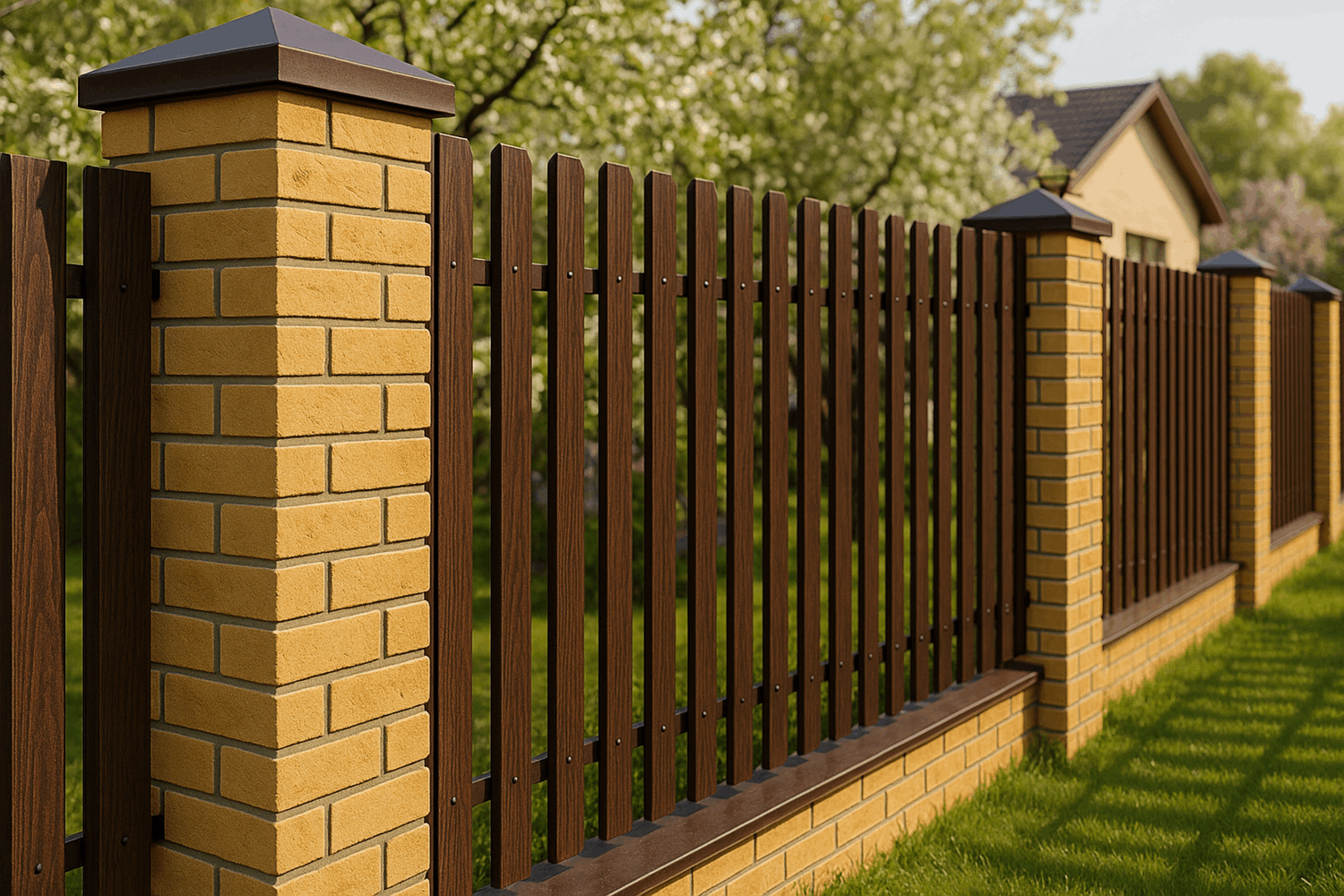  Деревянный штакетник и кирпичные столбы