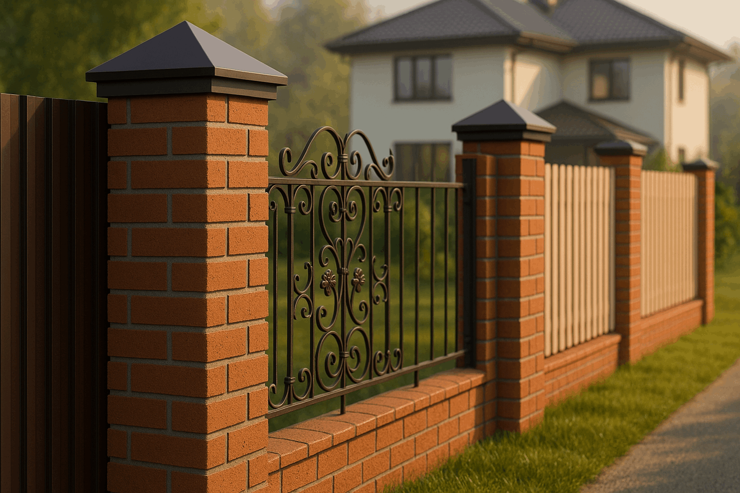 Виды заборов с кирпичными столбами – фотогалерея и особенности