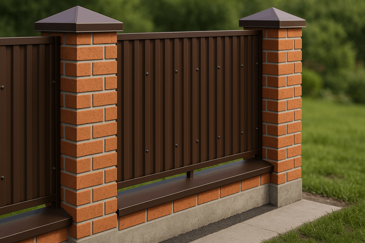  Забор из профнастила с кирпичными столбами